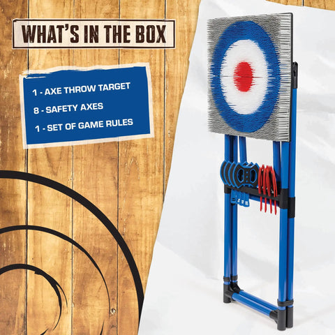 Eight Foam And Plastic Axes Axe Throwing Game Set With Heavy Duty Steel Frame Over Five Feet Tall Folds Flat For Portable Outdoor Fun