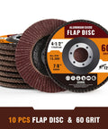 Solid 10 Pack 60 Grit Flap Discs Made From Industrial Aluminum Oxide, 4.5 inch, designed for metal and wood removal.