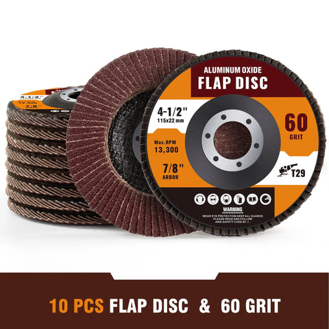 Solid 10 Pack 60 Grit Flap Discs Made From Industrial Aluminum Oxide, 4.5 inch, designed for metal and wood removal.