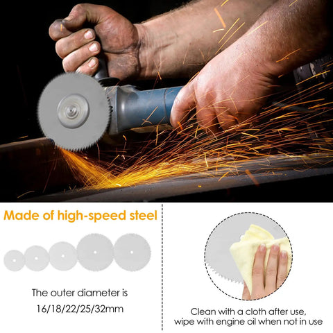 Worker using 115Pcs Cutting Discs Set For Rotary Tool Accessories With HSS Circular Saw Blades Diamond Cutting Wheel Resin Cutting Discs With Mandrels And Screwdrivers Great For Pro DIY Projects And Hobbyists, sparks flying