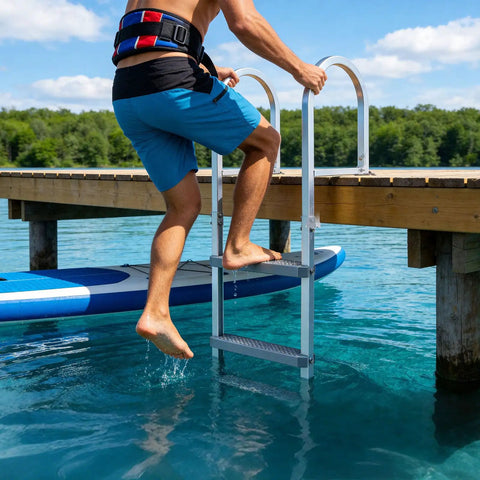 Removable 3 Step Aluminum Dock Ladder With Non Slip Wide PP Steps, 500 Lb Capacity, Quick Release, dock boarding