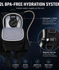Hydration Backpack With 2L BPA Free Water Bladder Lightweight Daypack showcasing open bladder compartment and magnetic tube clip.