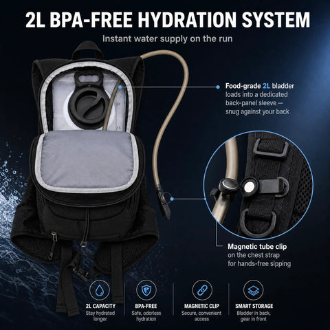 Hydration Backpack With 2L BPA Free Water Bladder Lightweight Daypack showcasing open bladder compartment and magnetic tube clip.