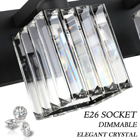 Close-up of Black Bathroom Vanity Light Fixture With Crystal Accents, showcasing dimmable E26 socket and sleek modern design.