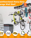 Heavy Duty Garage Wall Shelf And Bike Rack With Adjustable Hooks Wall Mounted Storage Organizer For Tools Bikes And Gear Must Have Built To Last 280 Lb Load Capacity Two Pack Bundle holding various items.