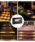 Collage showing Six Pack Outdoor Step Lights 120V 3CCT Selectable Dimmable LED Stair Lighting in Brown Aluminum, illuminating steps at night.