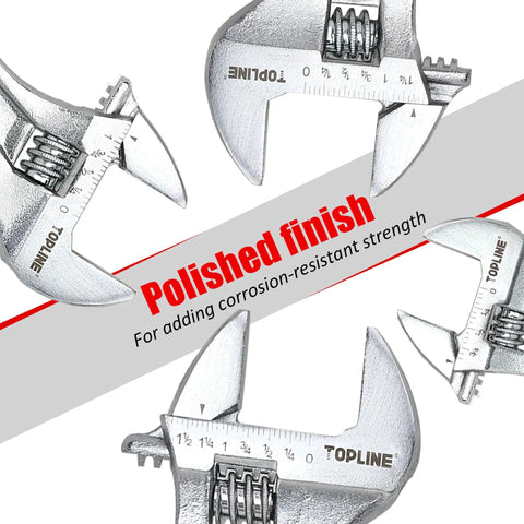 Four-Piece Adjustable Wrench Set With Wide Handle For Maximum Comfort, Includes 6, 8, 10, 12 Inch Wrenches, polished finish