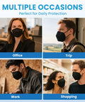 People wearing KN95 Face Mask 50 Pack Black 5 Ply Breathable Protective Masks With Comfy Fit Ear Loops for daily safety in different settings.