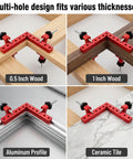 90 Degree Aluminum Corner Clamps Set, 6pcs Right Angle Jig Clamps For Woodworking, Cabinets, Frames And Boxes, Heavy Duty Precision CNC Machined Jigs For Rock Solid 90 Degree Joints. Multi-hole red aluminum corner clamp set on 0.5 inch wood, 1 inch wood, aluminum profile, and ceramic tile.