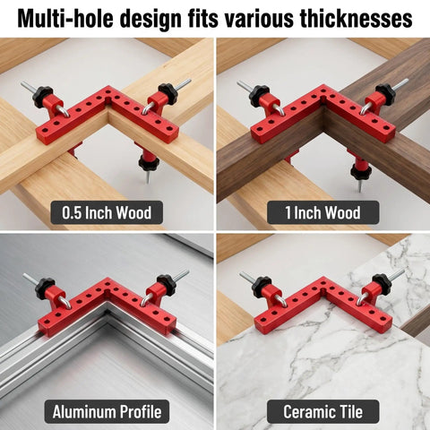 90 Degree Aluminum Corner Clamps Set, 6pcs Right Angle Jig Clamps For Woodworking, Cabinets, Frames And Boxes, Heavy Duty Precision CNC Machined Jigs For Rock Solid 90 Degree Joints. Multi-hole red aluminum corner clamp set on 0.5 inch wood, 1 inch wood, aluminum profile, and ceramic tile.