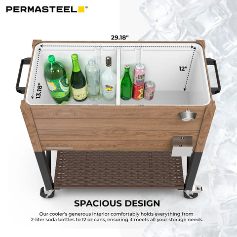 80-Quart Rolling Party Cooler With Divider, 36 Hour Chill, Spacious Ice Chest That Holds Up To 110 Cans, Wood Grain Brown Finish