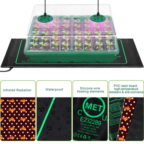 Seed Starter Kit With Grow Light And Heat Mat, 48 Cell Seed Tray, Humidity Dome And Base Germination Trays, Plastic Propagation Kit For Easy Seed Starting, Green