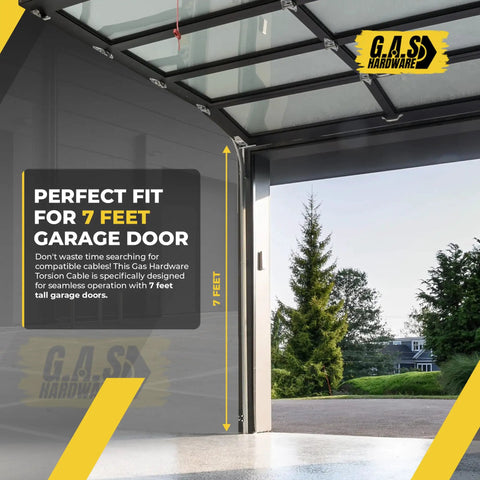 Heavy Duty Garage Door Torsion Spring Drum Cable Kit for 7 Foot Doors with text and open garage view