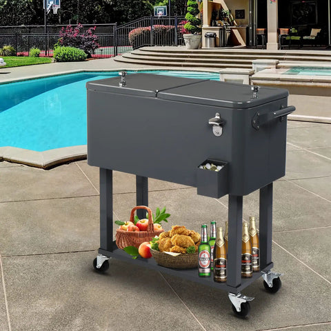 80 Quart Rolling Ice Chest Cooler Cart For Patio And Poolside Parties Portable Bar Beverage Cooler with drain plug in gray next to pool