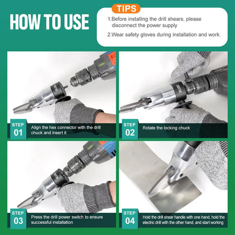 How to use All Purpose Metal Shear Drill Attachment: Align, lock, and operate drill shear for cutting sheets.
