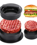 3 In 1 Nonstick Burger Press For Stuffed Patties, Sliders And Regular Burgers in use with raw patty and detachable indent press.