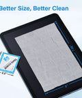 Streak Free Crystal Clear Electronic Wipes For Screens Pre Moistened Screen Cleaner Wipes showing size on tablet and packet