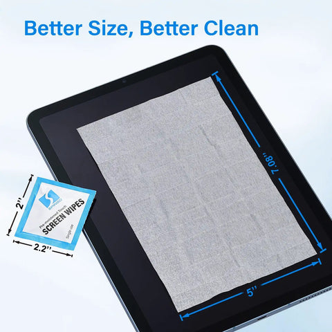 Streak Free Crystal Clear Electronic Wipes For Screens Pre Moistened Screen Cleaner Wipes showing size on tablet and packet
