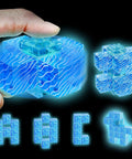 4 In 1 Glow In The Dark Blue Magnetic Fidget Spinner Set's Infinity Cube shown being held with designs of cube transformations.
