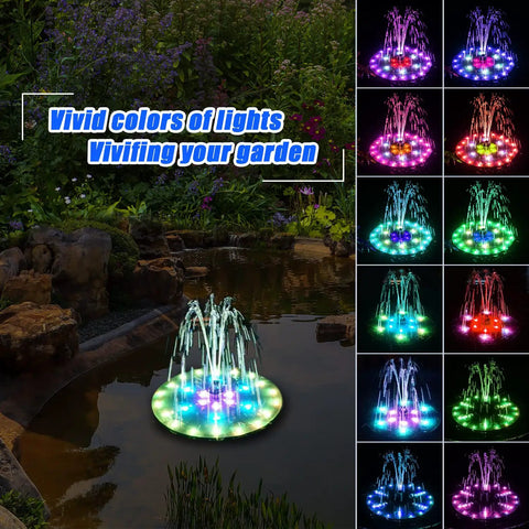 Solar Bird Bath Fountain Pump With 4000mAh Battery, 4W Solar Power, colorful LED light show in garden pond setting