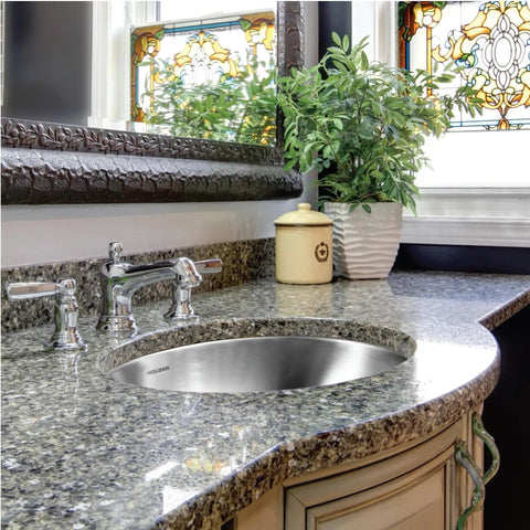 Opus Built To Last Stainless Steel Undermount Bathroom Sink 18 Inch Oval Bowl With Overflow Drain Assembly in granite counter