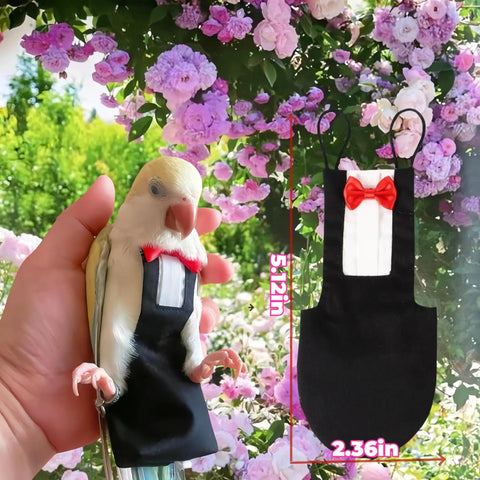 Bird Diaper Harness Tuxedo Flight Suit With Waterproof Inner Layer worn by parrot, showing 5.12in size and black design with red bow.
