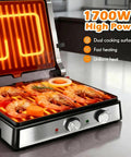 KEINVE 1700W Panini Press Grinder With Adjustable Temp And Time Controls For Perfect Melts grilling shrimp with dual cooking surfaces.