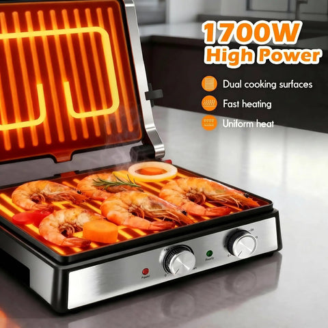 KEINVE 1700W Panini Press Grinder With Adjustable Temp And Time Controls For Perfect Melts grilling shrimp with dual cooking surfaces.