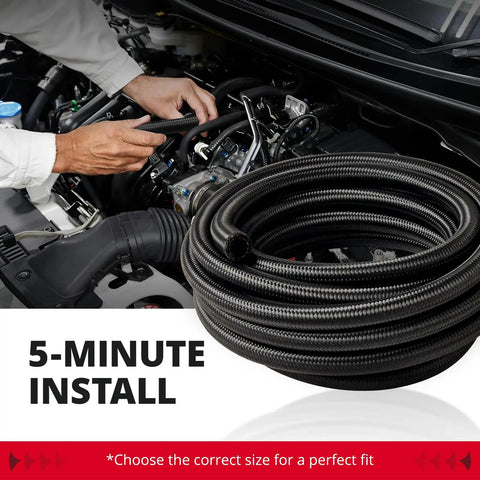 6AN Nylon Braided Fuel Line Kit 20ft Black in engine bay install, showing CPE inner, 304 steel wire, and nylon outer braids
