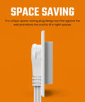 Side view of White Flat Angled Extension Cord With Three Outlets For Indoor Use Ten Plus Feet Long 3 Prong Power Cable