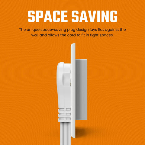 Side view of White Flat Angled Extension Cord With Three Outlets For Indoor Use Ten Plus Feet Long 3 Prong Power Cable