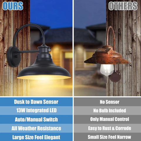 Comparison of Two Pack Dusk To Dawn LED Outdoor Barn Lights With Gooseneck Wall Mounts and a rusty light with no sensor.