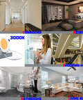 Collage showcasing Four Inch LED Recessed Downlight With Junction Box 3000K Soft White 10.5W for various rooms and spaces.