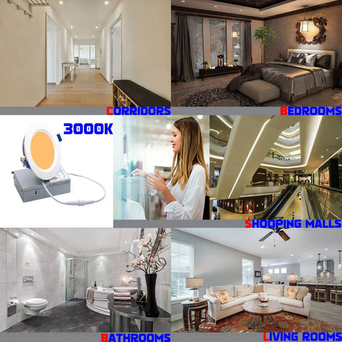 Collage showcasing Four Inch LED Recessed Downlight With Junction Box 3000K Soft White 10.5W for various rooms and spaces.