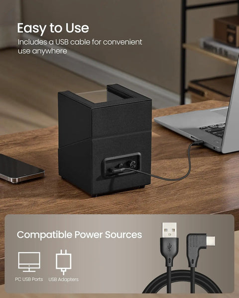 Automatic Double Watch Winder Box With No Fuss Quiet Motor LED Light USB C Powered Adjustable Pillow Locking Case For Automatic Watches 4 Winding Settings Great For Bedroom Or Desk Black on desk with USB cable