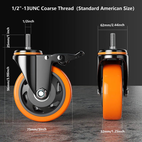 Side and front view of Heavy Duty 3 Inch Caster Wheels Set Of Four With Threaded Stem 1/2-13 X 1, 400 Lb Per Wheel, dual lock