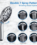 High Pressure 48 Setting Dual Shower Head With Handheld And Sliding Bar Chrome Finish showing seven spray patterns.