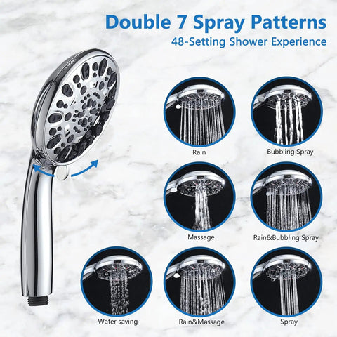 High Pressure 48 Setting Dual Shower Head With Handheld And Sliding Bar Chrome Finish showing seven spray patterns.
