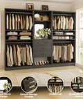 Spacious 97 Inch Closet System With Integrated Mirror And Four Deep Drawers Heavy Duty Wood Wardrobe Rack With Four Hanging Rods And Flexible Adjustable Shelves For No Fuss Walk In Storage In Matte Black, showcasing clothing organization.