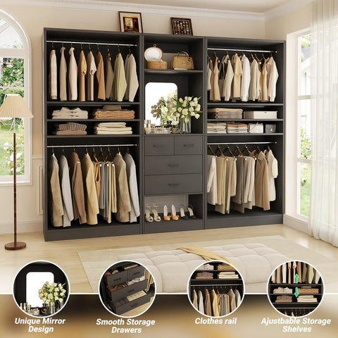 Spacious 97 Inch Closet System With Integrated Mirror And Four Deep Drawers Heavy Duty Wood Wardrobe Rack With Four Hanging Rods And Flexible Adjustable Shelves For No Fuss Walk In Storage In Matte Black, showcasing clothing organization.
