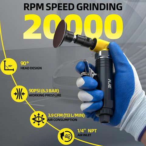 Heavy Duty Pneumatic Die Grinder Kit, 90 Degree Right Angle Build, knuckle buster with 20000 RPM speed grinding feature.
