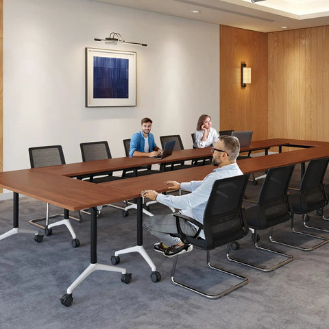 Hassle Free Adjustable Flip Up Folding Desk With Smooth Rollin Casters For Home Office Setup or Quick Training Sessions in use.