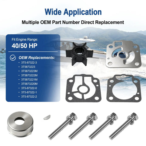 Water Pump Impeller Repair Kit 3T5 87322 3 for Nissan Tohatsu Outboard 40 50 HP with parts and fit details shown