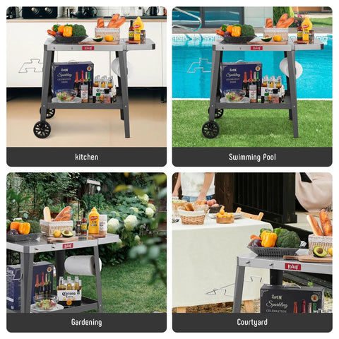 Rolling Pizza Oven Stand With Beveled Stainless Steel Top 31 By 19 Inches Foldable Extension Table Outdoor Bar Cart for kitchens, poolsides, gardens, and courtyards.