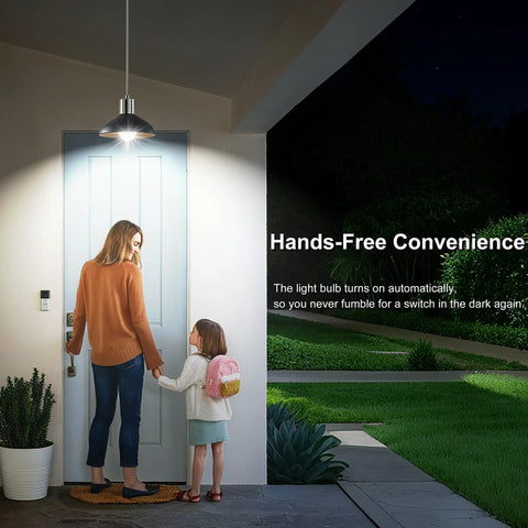 No Brainer Motion Sensor Light Bulbs For Indoor And Outdoor Use 12W 100W Equivalent A19 E26 5000K Daylight Dusk To Dawn Motion Activated Lighting For Front Door Porch Garage Basement Hallway 2 Pack installed above a porch door