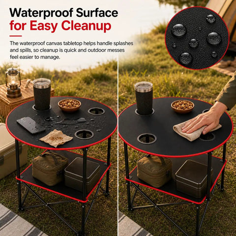 Lightweight Folding Camping Table With 4 Cup Holders Waterproof Canvas Outdoor Table For Beach Camping Tailgating Picnics Campfires Easy Carry Bag Grab And Go Ready For Any Outdoor Session, showing waterproof surface and cleanup.