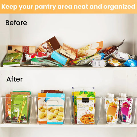 Straight Fire Kitchen Organization To Keep The Mess Tight With This Six Pack Of Large Clear Pantry Bins Boasting Heavy Duty Handles For Fridge Cabinet Freezer Sorting, showing organized food packages in clear containers.