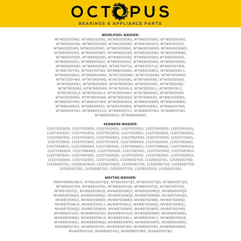 Octopus appliance parts list for Whirlpool, Kenmore, and Maytag washers showing model compatibility details.