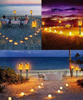 Outdoor sunset view with 43 Inch Solar Torch Lights With Flickering Flame Effect illuminating a beach setup