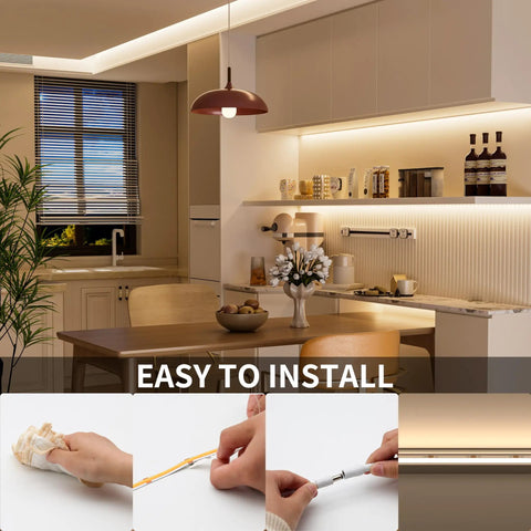 Installation of Ultra Bright 24ft COB LED Strip Light With 3780 LEDs, Natural White 4000K, in a modern kitchen setting